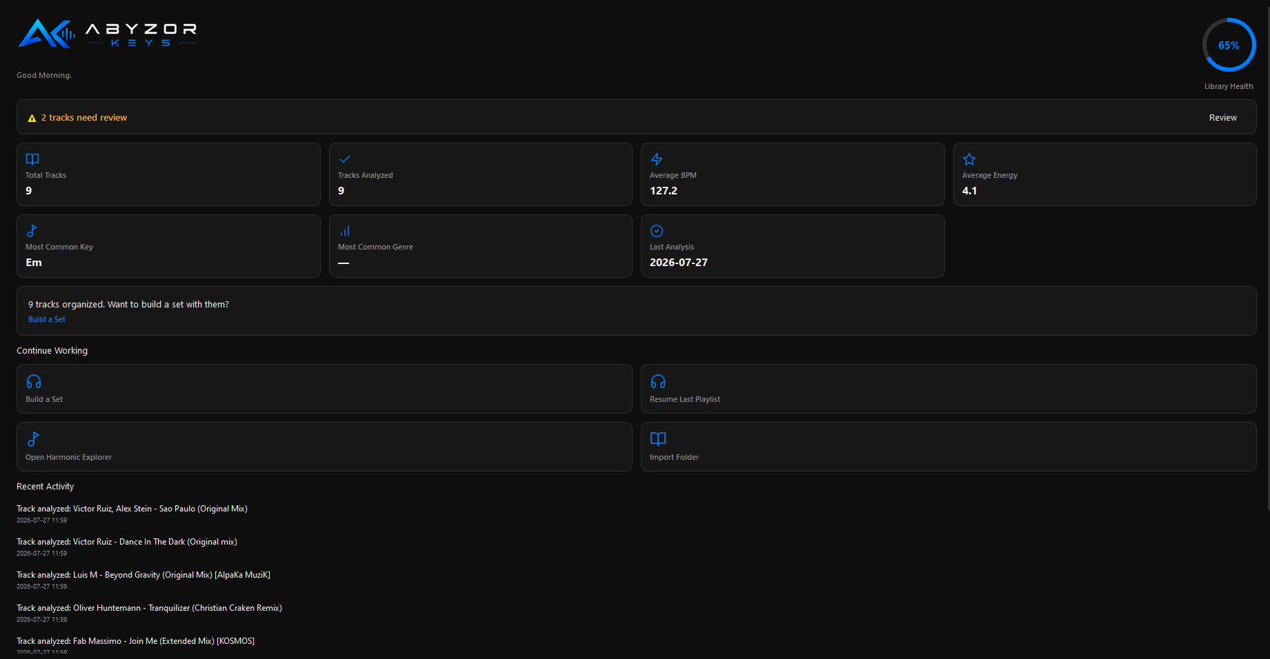 ABYZOR Keys — Home dashboard with library